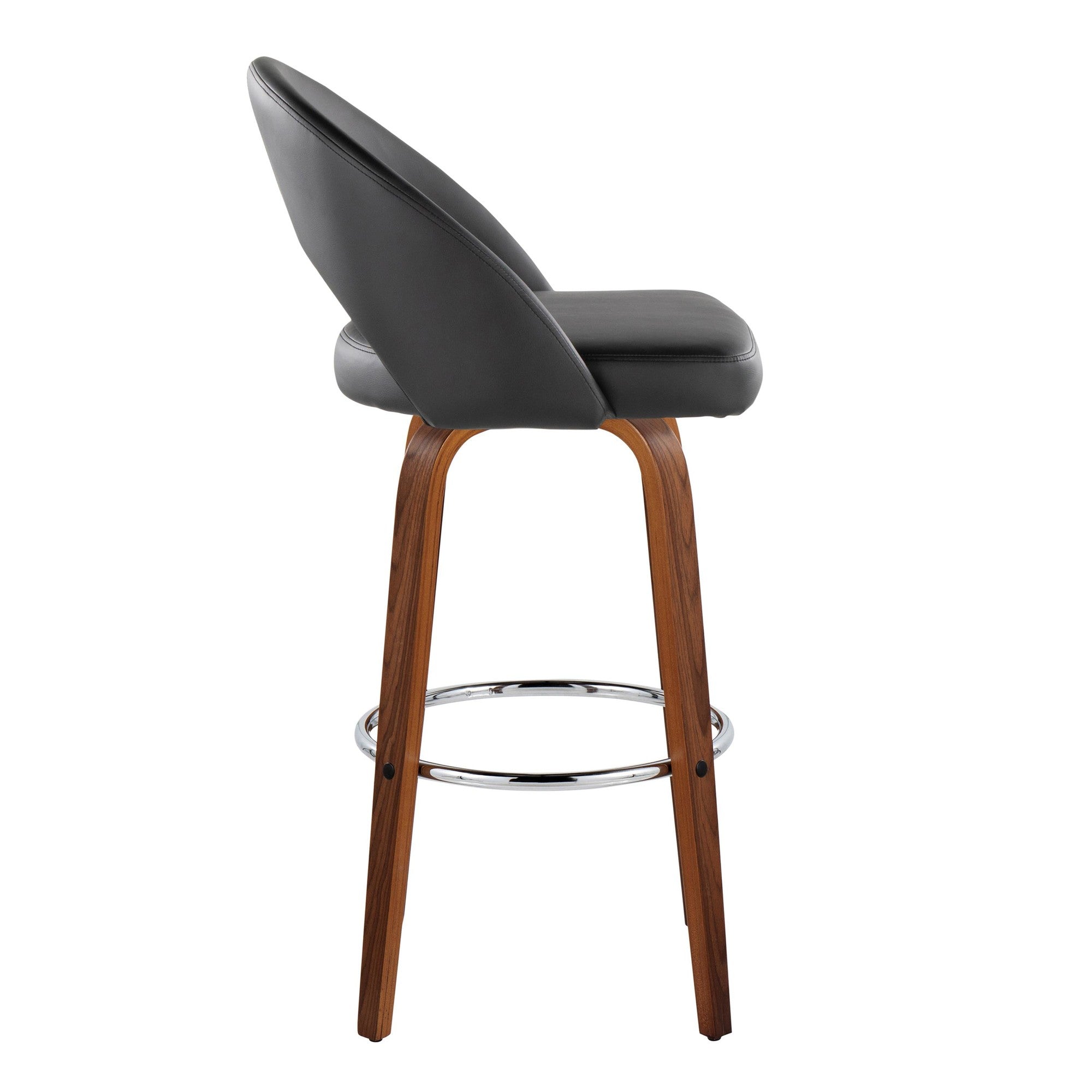 Renee Upholstered 30" Fixed-Height Barstool - Set of 2 - Walnut Wood, Black PU, Chrome Metal