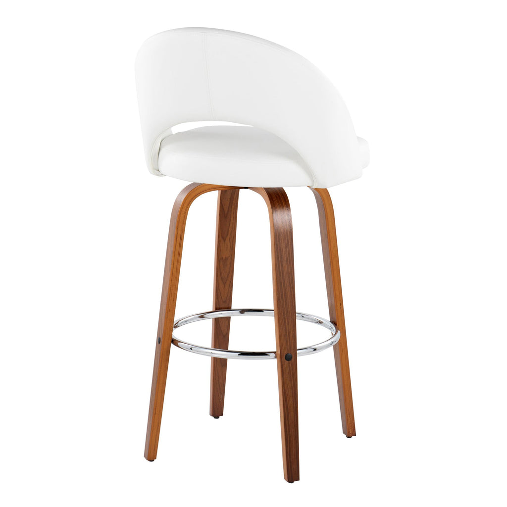 Renee Upholstered 30" Fixed-Height Barstool - Set of 2 - Walnut Wood, White PU, Chrome Metal