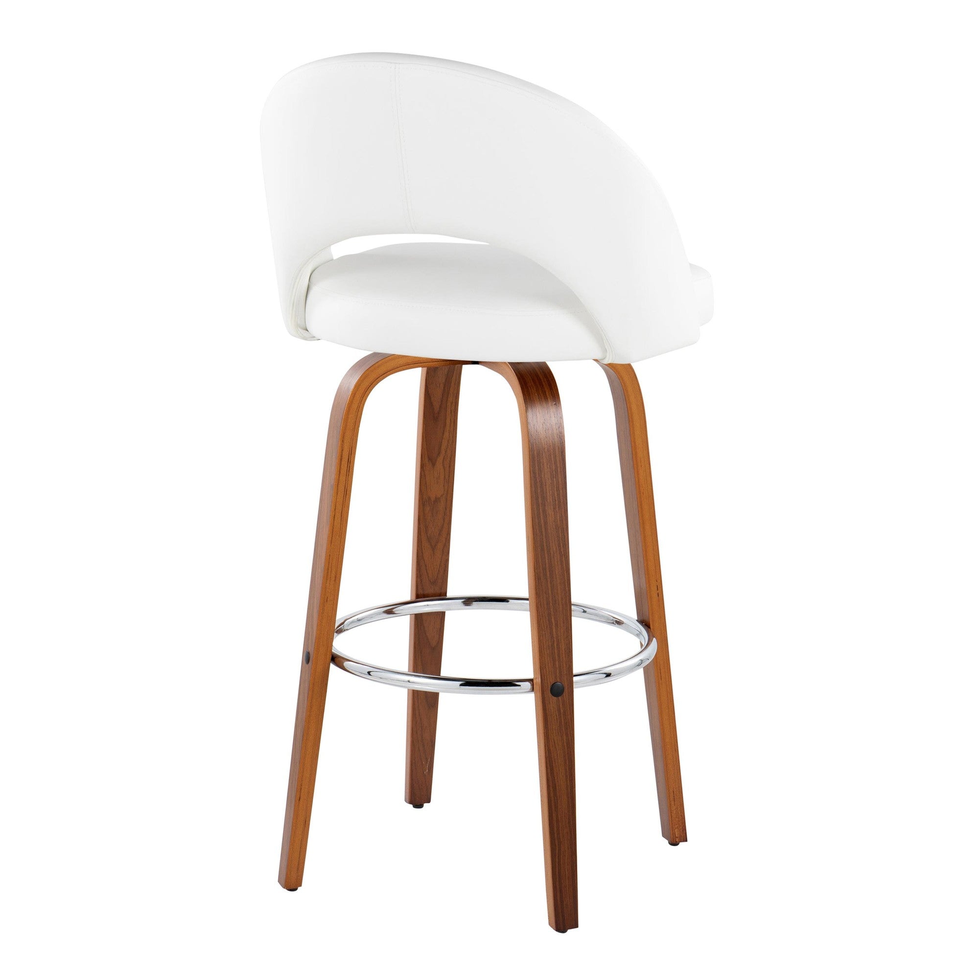 Renee Upholstered 30" Fixed-Height Barstool - Set of 2 - Walnut Wood, White PU, Chrome Metal