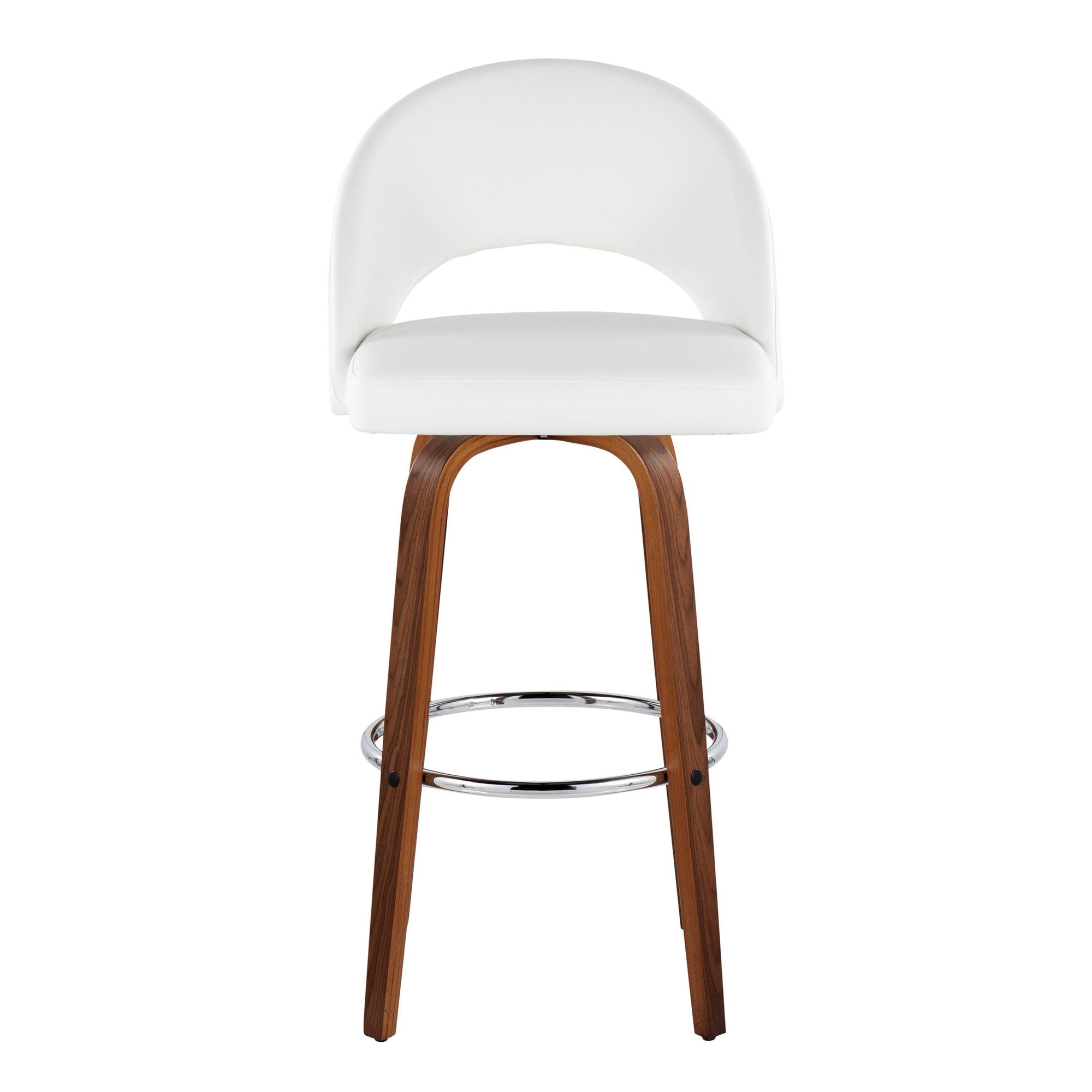 Renee Upholstered 30" Fixed-Height Barstool - Set of 2 - Walnut Wood, White PU, Chrome Metal