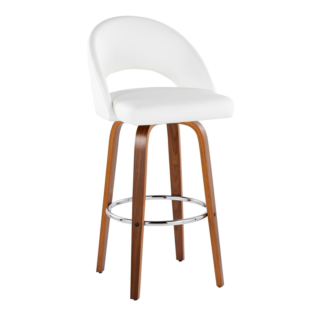 Renee Upholstered 30" Fixed-Height Barstool - Set of 2 - Walnut Wood, White PU, Chrome Metal