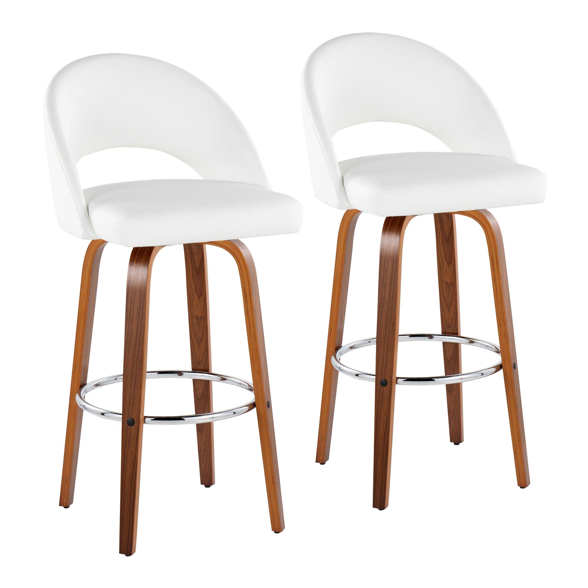 Renee Upholstered 30" Fixed-Height Barstool - Set of 2 - Walnut Wood, White PU, Chrome Metal