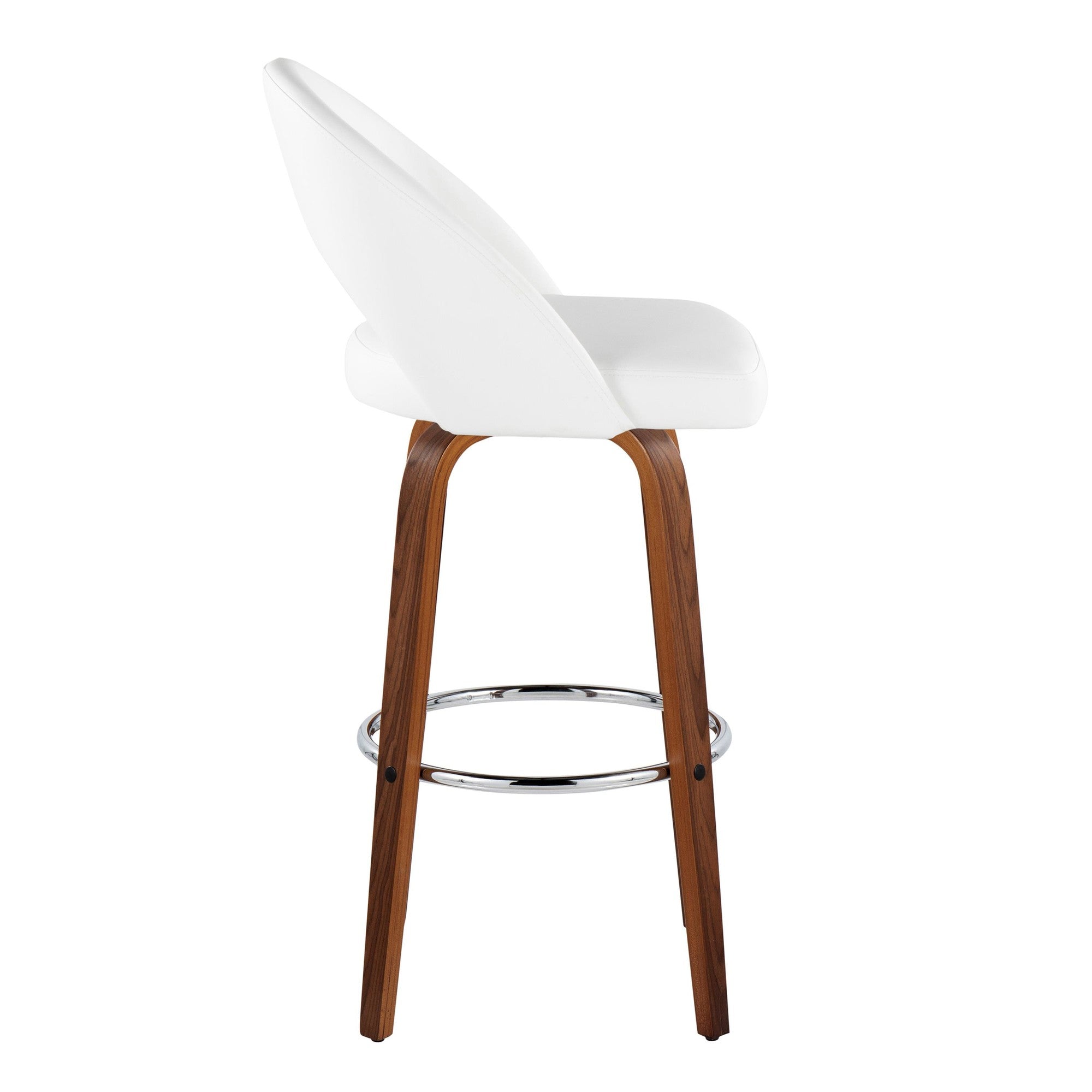 Renee Upholstered 30" Fixed-Height Barstool - Set of 2 - Walnut Wood, White PU, Chrome Metal
