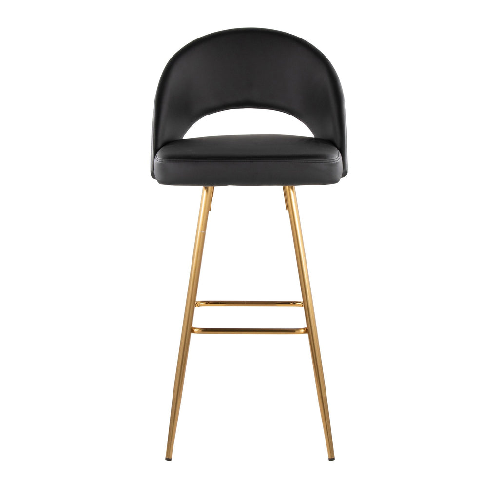Renee Upholstered 30" Fixed-Height Barstool - Set of 2 - Gold Metal, Black PU