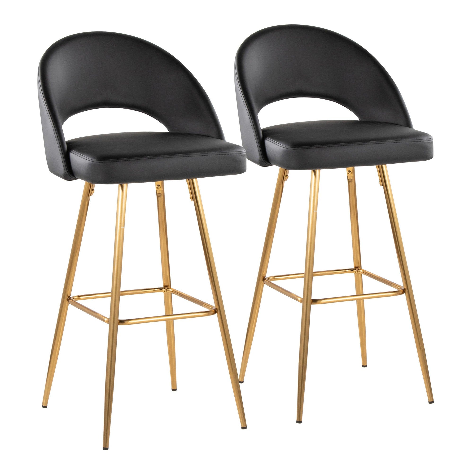 Renee Upholstered 30" Fixed-Height Barstool - Set of 2 - Gold Metal, Black PU