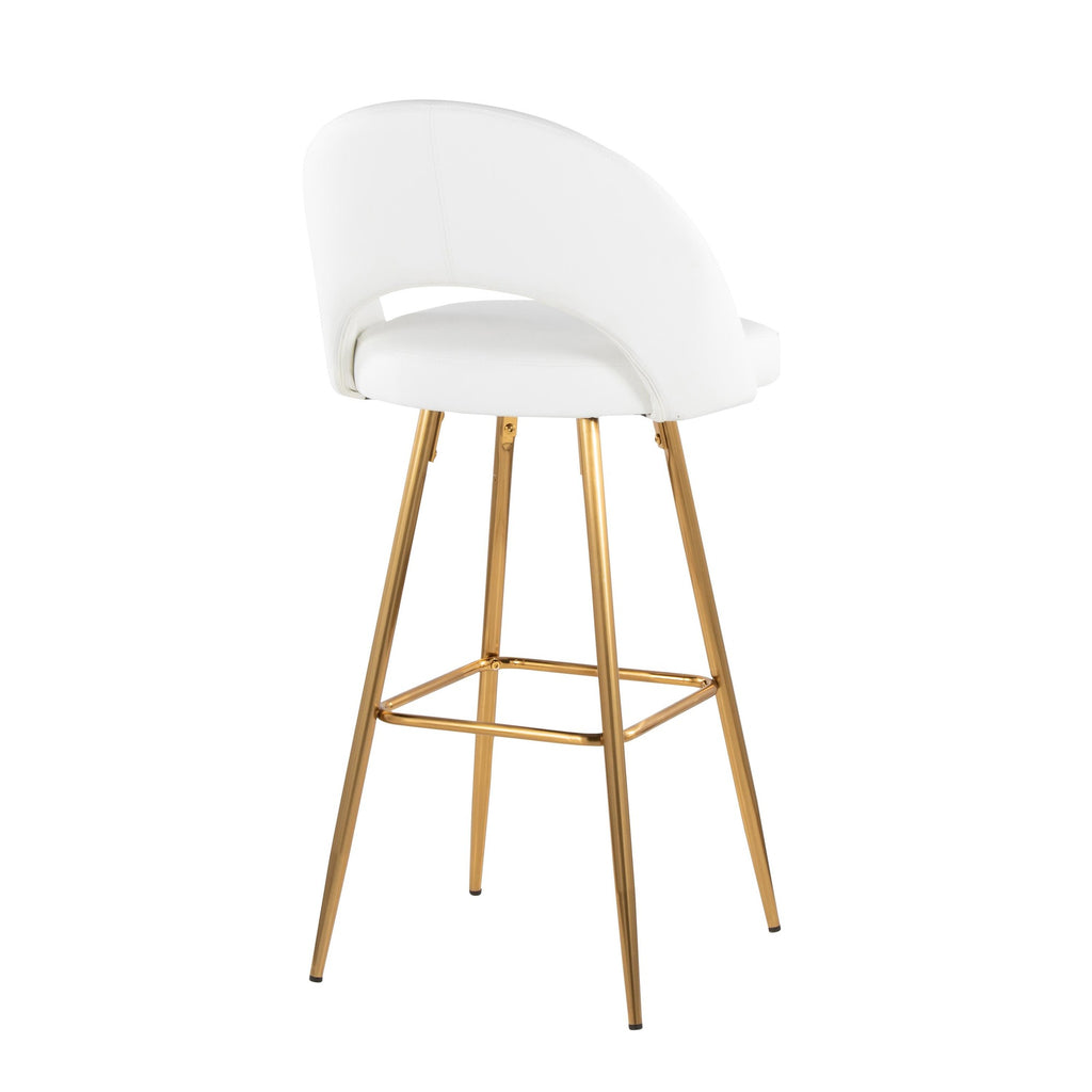 Renee Upholstered 30" Fixed-Height Barstool - Set of 2 - Gold Metal, White PU
