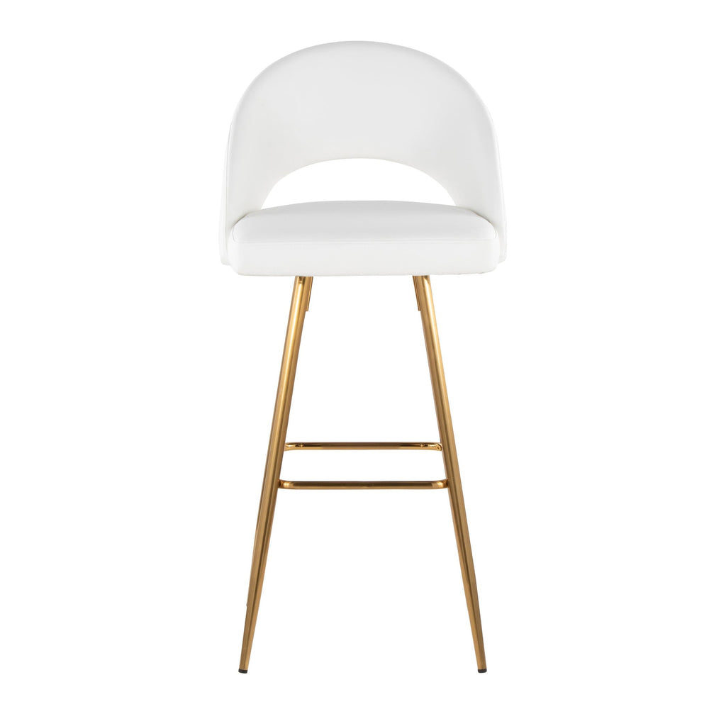 Renee Upholstered 30" Fixed-Height Barstool - Set of 2 - Gold Metal, White PU
