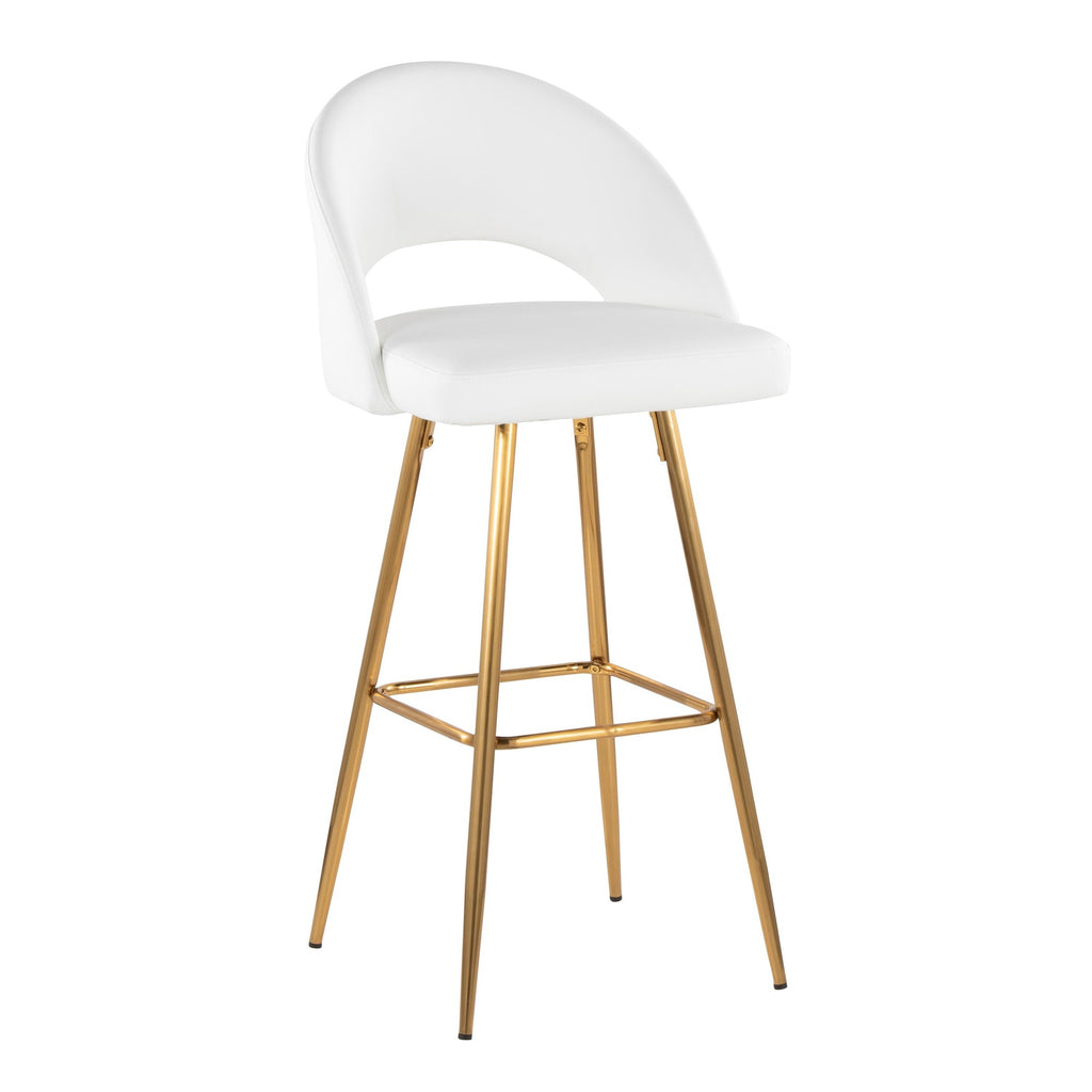 Renee Upholstered 30" Fixed-Height Barstool - Set of 2 - Gold Metal, White PU