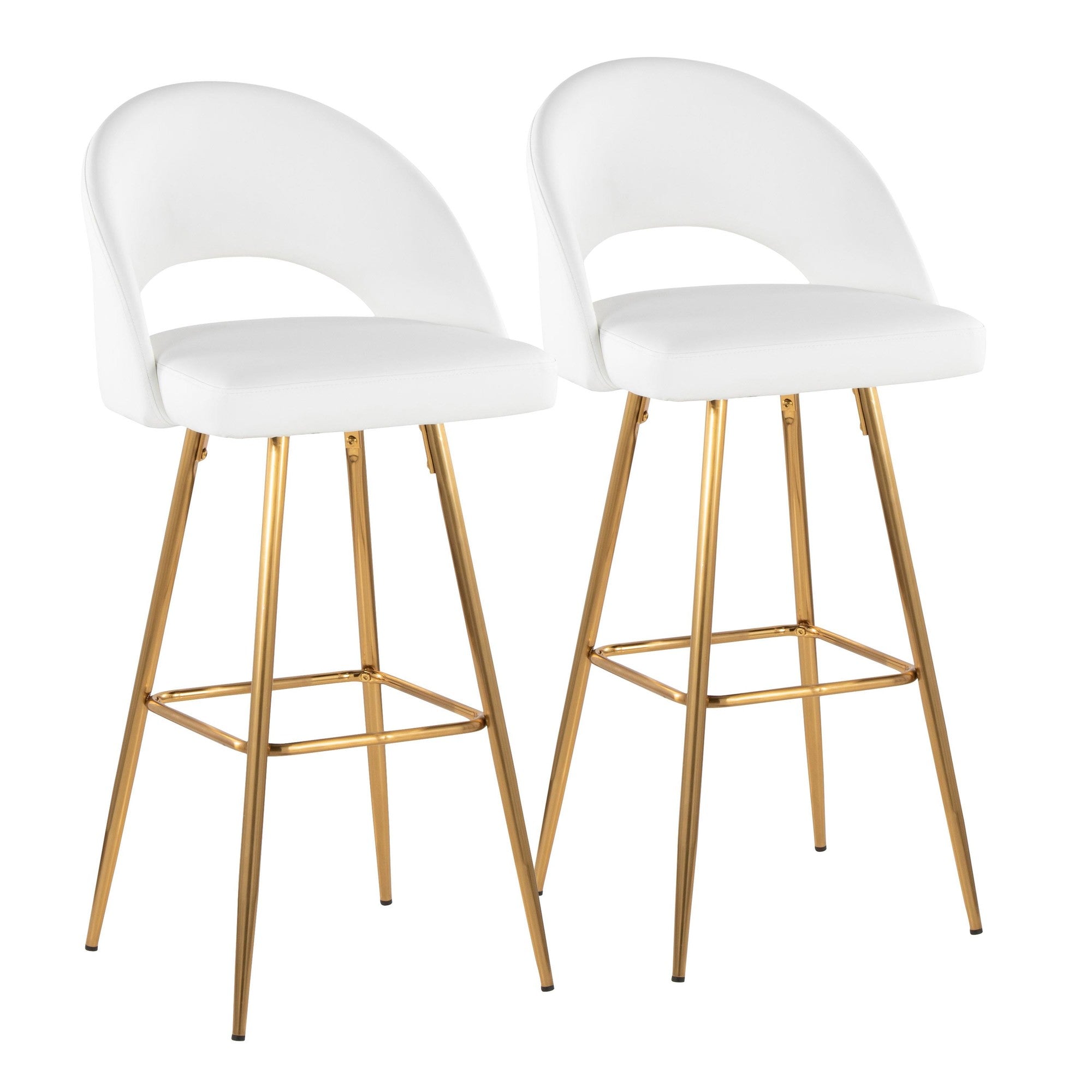 Renee Upholstered 30" Fixed-Height Barstool - Set of 2 - Gold Metal, White PU