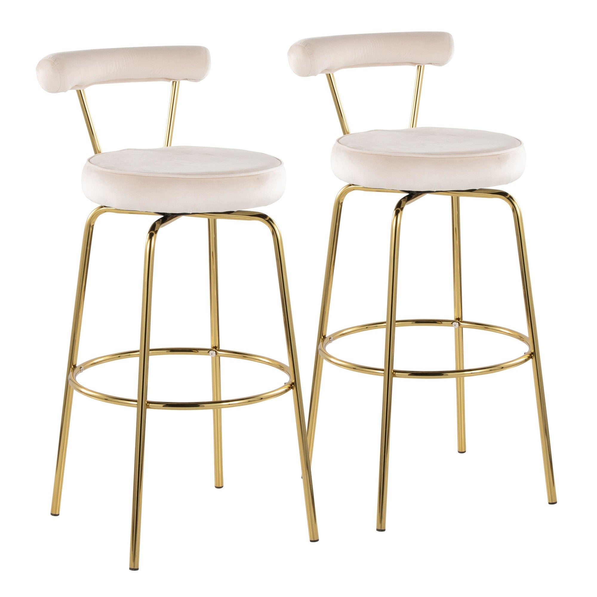 Rhonda 30" Fixed-Height Barstool - Set of 2 - Gold Metal, Cream Velvet