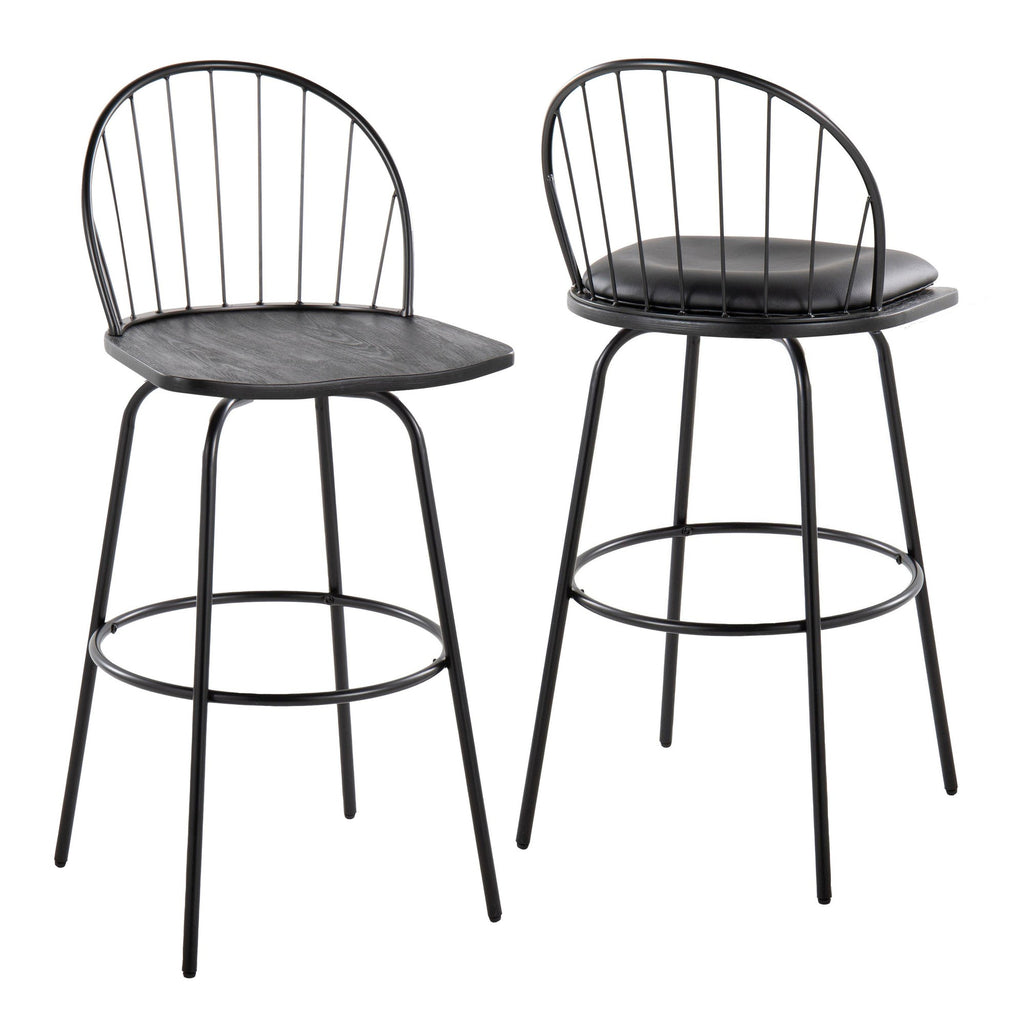 Riley Claire 30" Fixed-Height Barstool - Set of 2 - Black Metal, Black Wood, Black PU