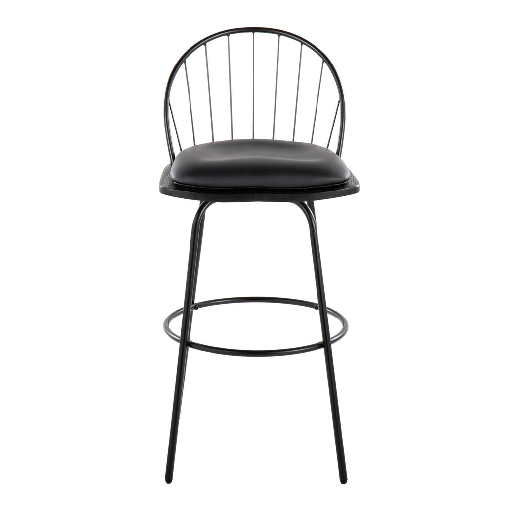 Riley Claire 30" Fixed-Height Barstool - Set of 2 - Black Metal, Black Wood, Black PU
