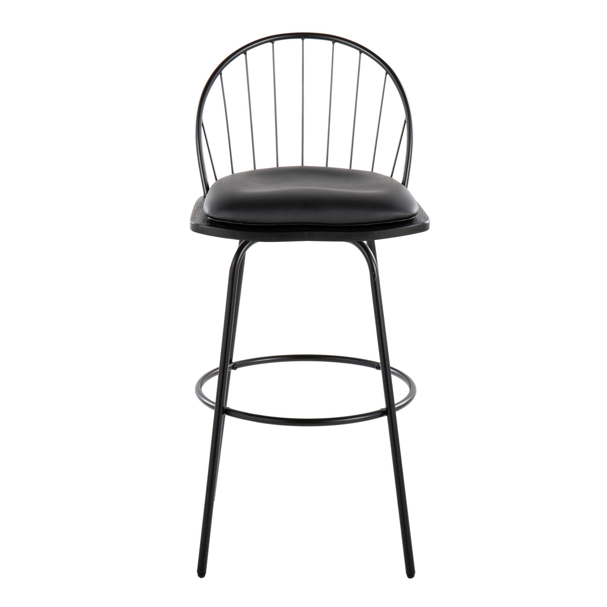 Riley Claire 30" Fixed-Height Barstool - Set of 2 - Black Metal, Black Wood, Black PU