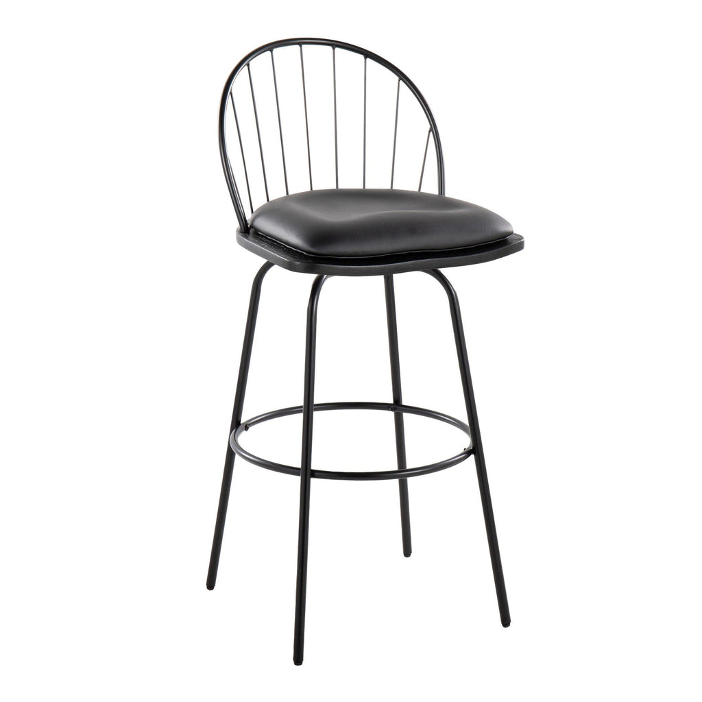 Riley Claire 30" Fixed-Height Barstool - Set of 2 - Black Metal, Black Wood, Black PU