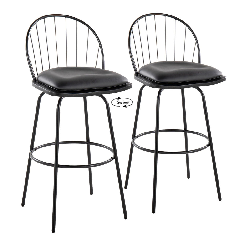 Riley Claire 30" Fixed-Height Barstool - Set of 2 - Black Metal, Black Wood, Black PU