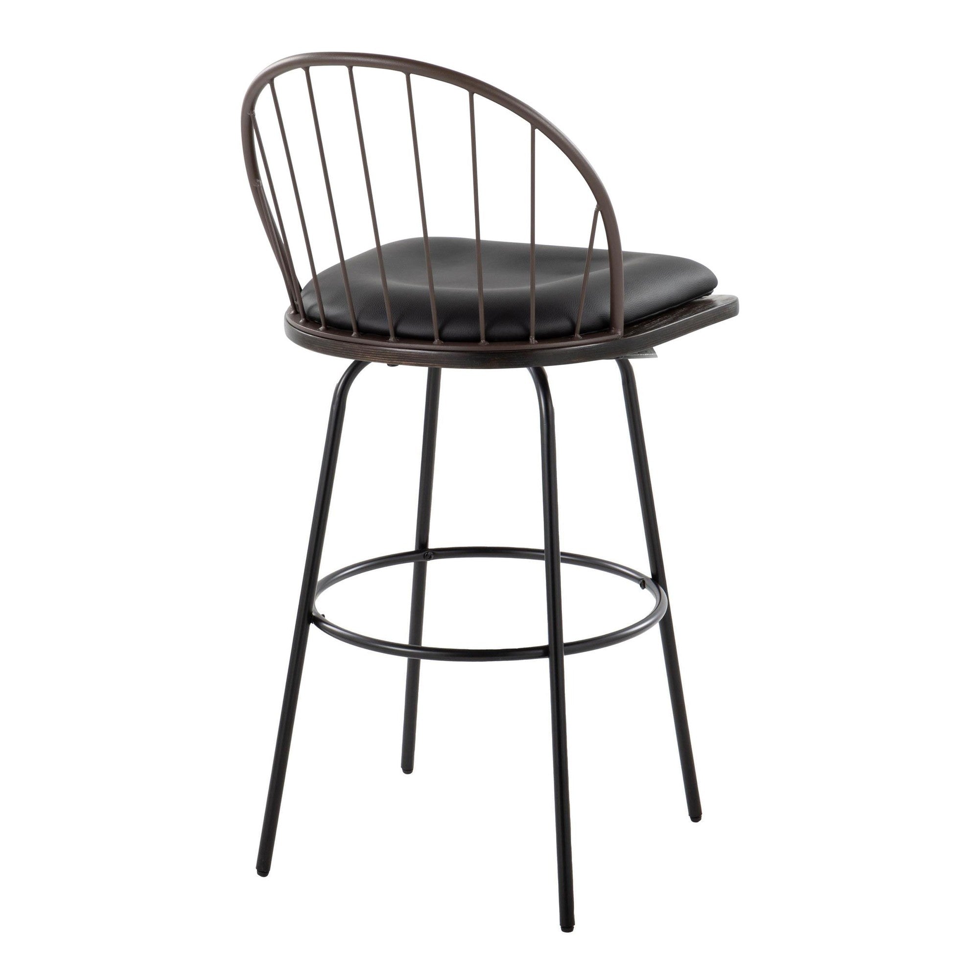 Riley Claire 30" Fixed-Height Barstool - Set of 2 - Black Metal, Bronze Metal, Dark Walnut Wood, Brown PU