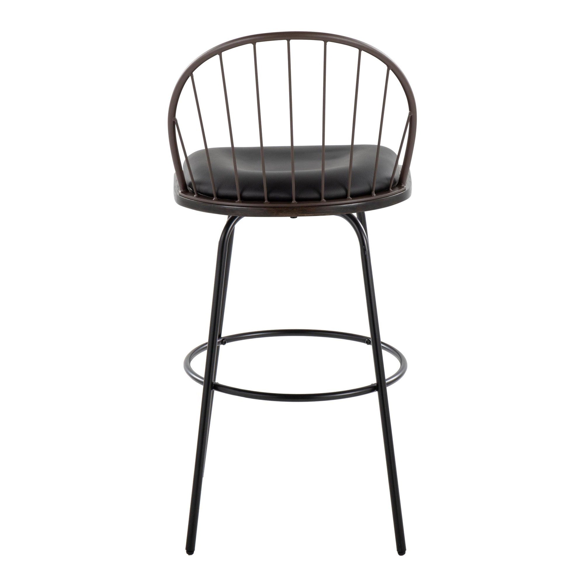 Riley Claire 30" Fixed-Height Barstool - Set of 2 - Black Metal, Bronze Metal, Dark Walnut Wood, Brown PU