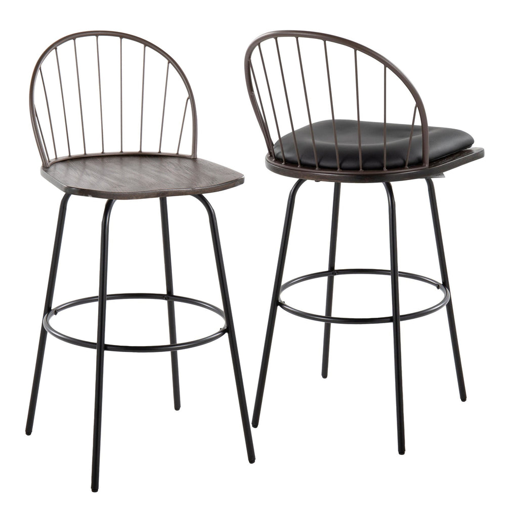 Riley Claire 30" Fixed-Height Barstool - Set of 2 - Black Metal, Bronze Metal, Dark Walnut Wood, Brown PU