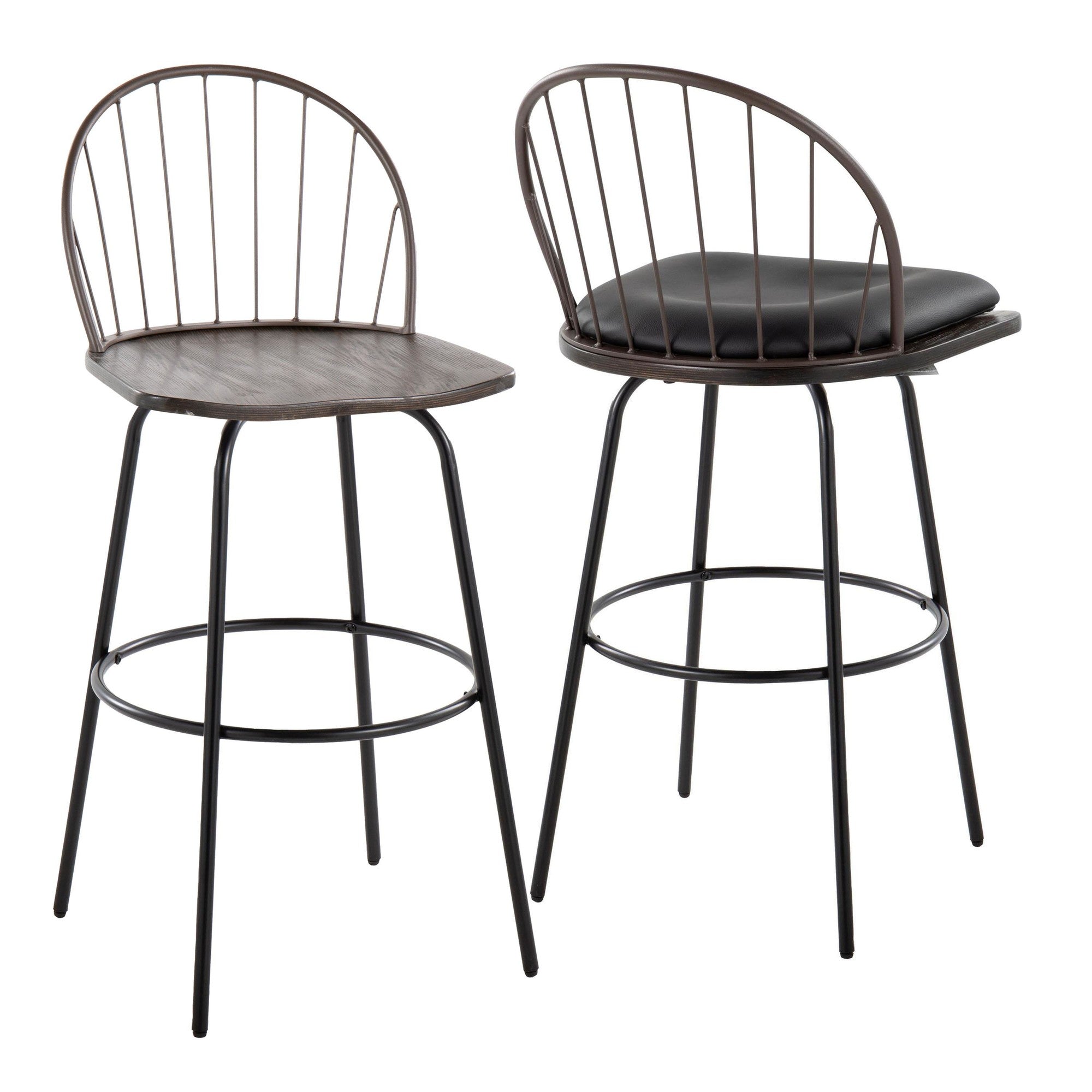 Riley Claire 30" Fixed-Height Barstool - Set of 2 - Black Metal, Bronze Metal, Dark Walnut Wood, Brown PU