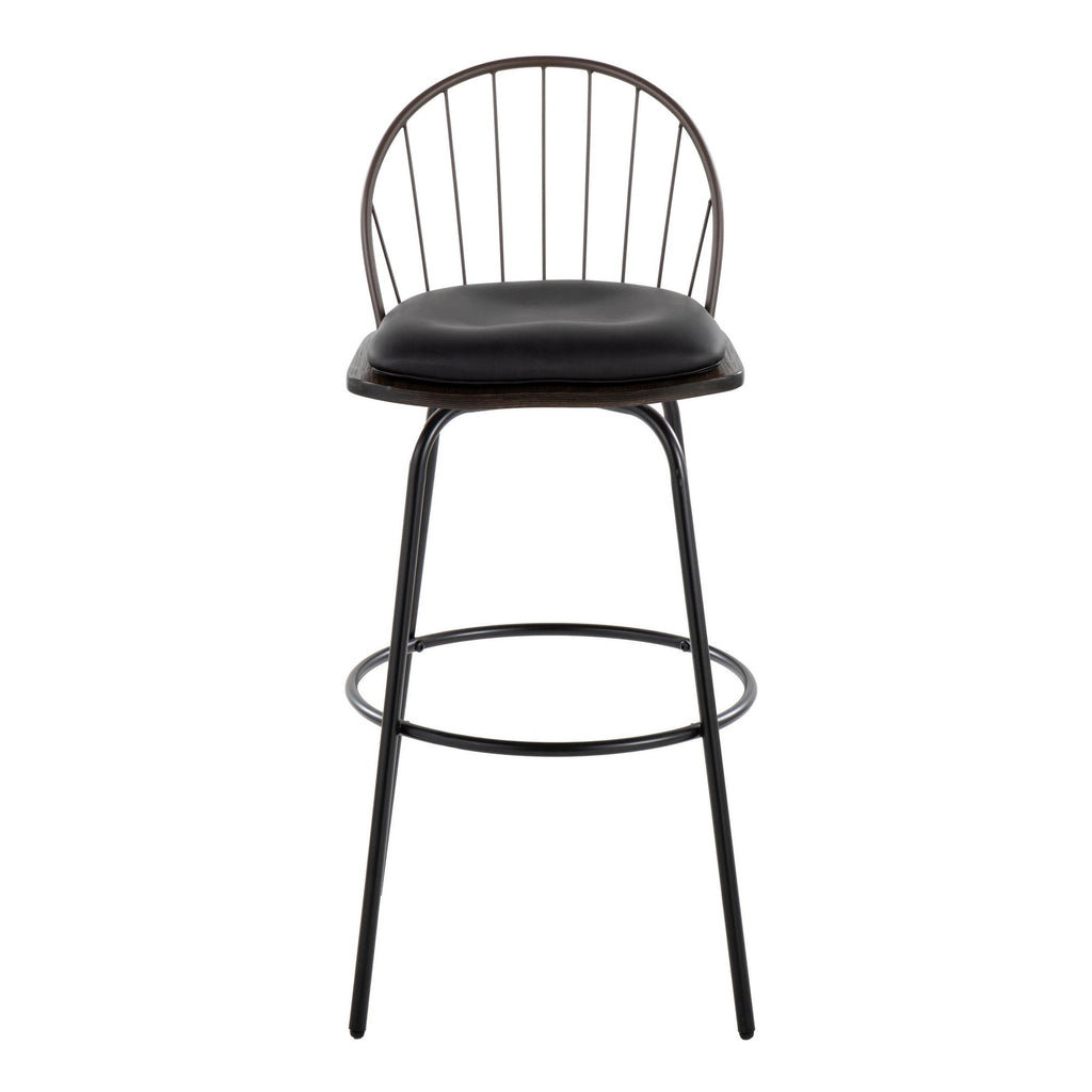 Riley Claire 30" Fixed-Height Barstool - Set of 2 - Black Metal, Bronze Metal, Dark Walnut Wood, Brown PU