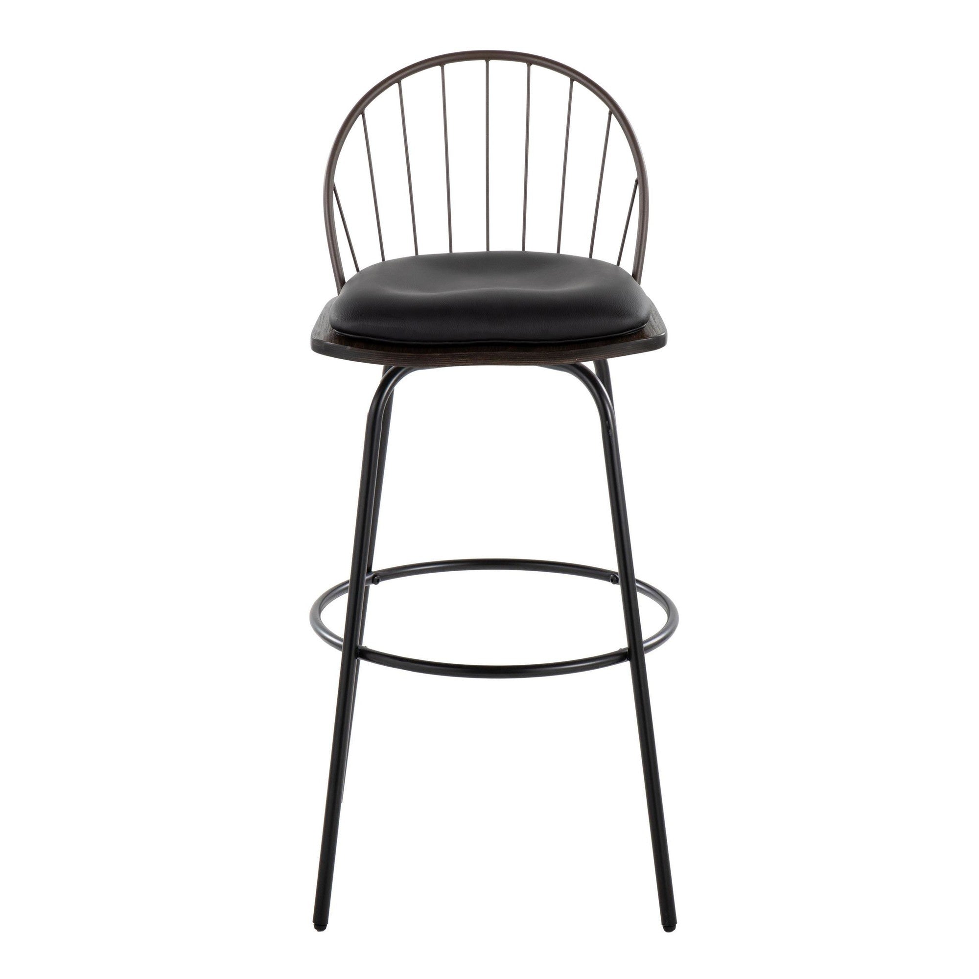 Riley Claire 30" Fixed-Height Barstool - Set of 2 - Black Metal, Bronze Metal, Dark Walnut Wood, Brown PU
