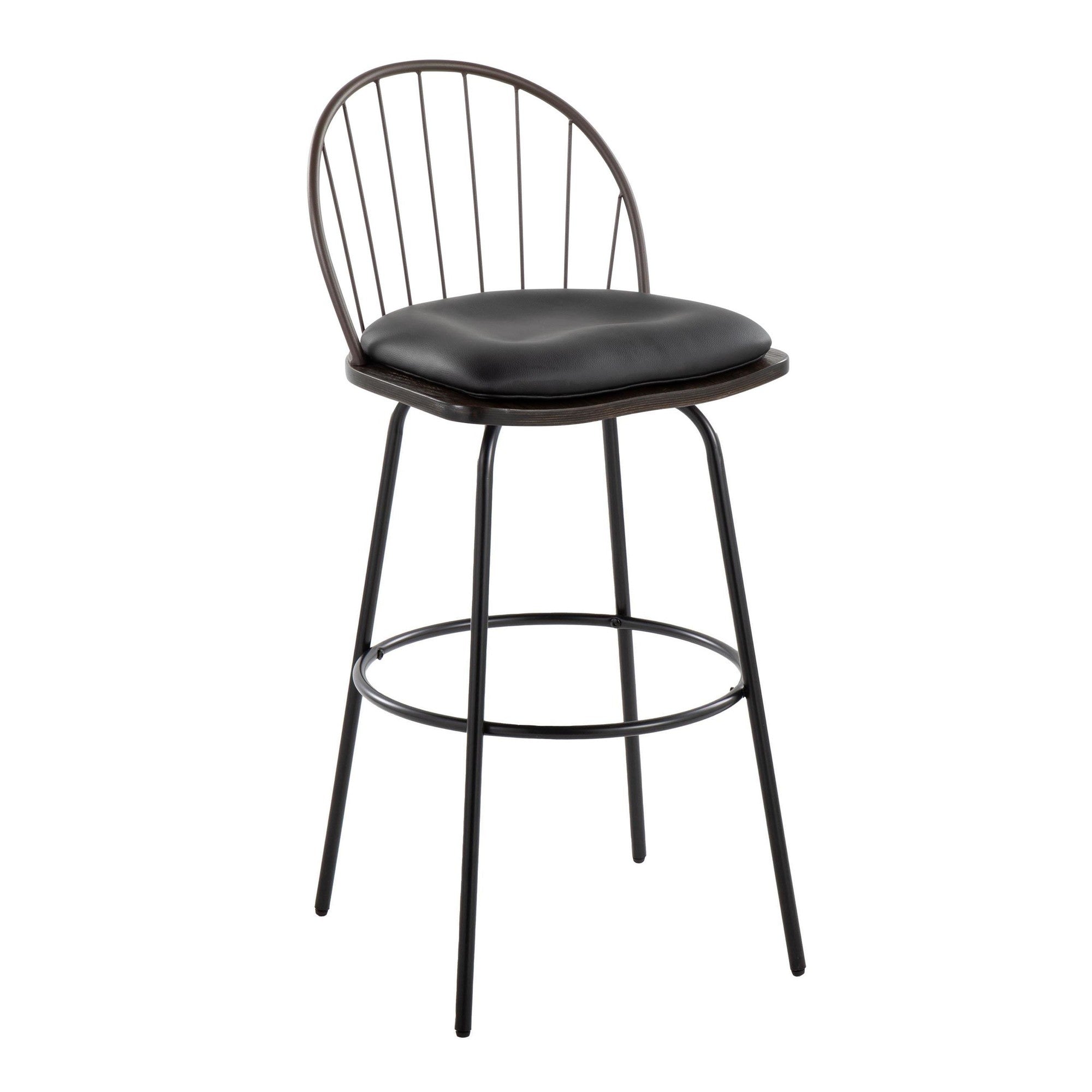 Riley Claire 30" Fixed-Height Barstool - Set of 2 - Black Metal, Bronze Metal, Dark Walnut Wood, Brown PU