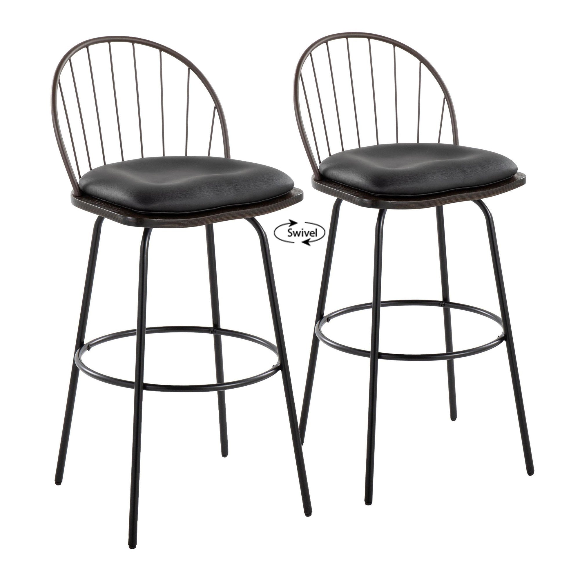 Riley Claire 30" Fixed-Height Barstool - Set of 2 - Black Metal, Bronze Metal, Dark Walnut Wood, Brown PU