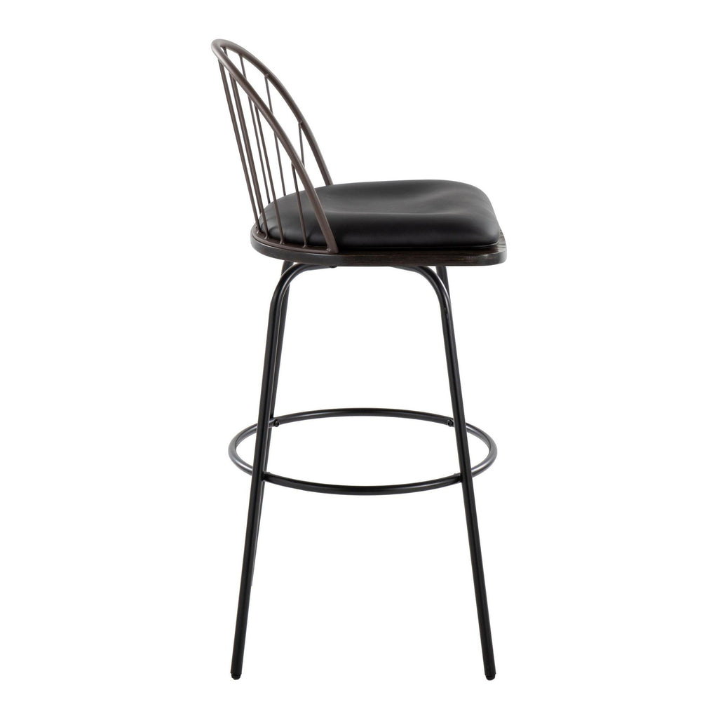 Riley Claire 30" Fixed-Height Barstool - Set of 2 - Black Metal, Bronze Metal, Dark Walnut Wood, Brown PU