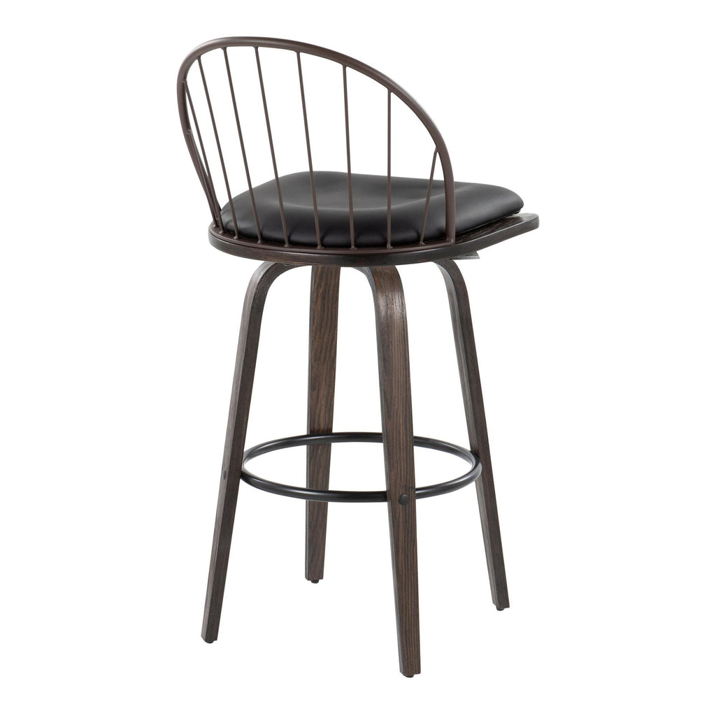 Riley 30" Fixed-Height Barstool - Set of 2 - Walnut Glazed Wood, Black Metal, Bronze Metal, Dark Walnut Wood, Brown PU
