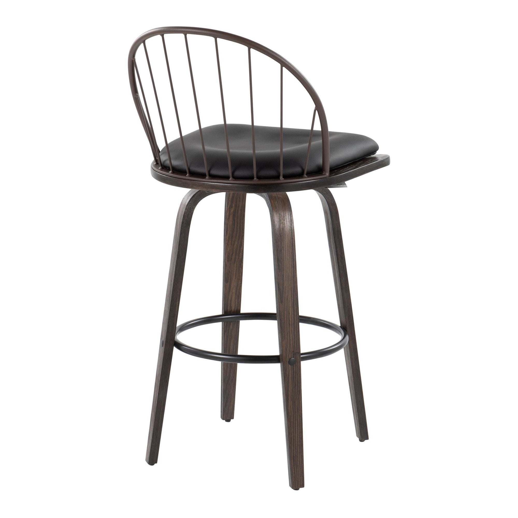 Riley 30" Fixed-Height Barstool - Set of 2 - Walnut Glazed Wood, Black Metal, Bronze Metal, Dark Walnut Wood, Brown PU