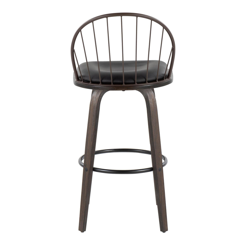 Riley 30" Fixed-Height Barstool - Set of 2 - Walnut Glazed Wood, Black Metal, Bronze Metal, Dark Walnut Wood, Brown PU