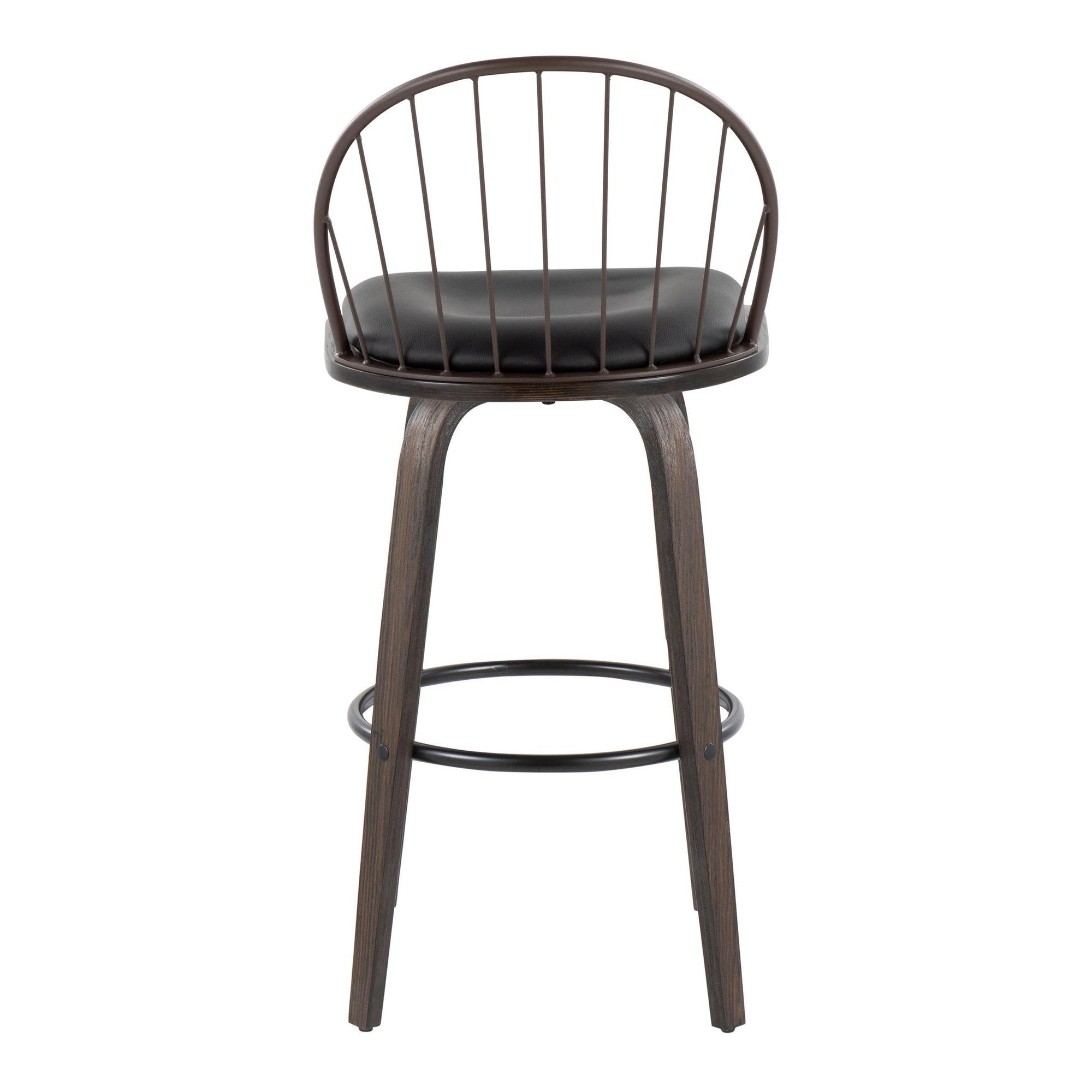 Riley 30" Fixed-Height Barstool - Set of 2 - Walnut Glazed Wood, Black Metal, Bronze Metal, Dark Walnut Wood, Brown PU