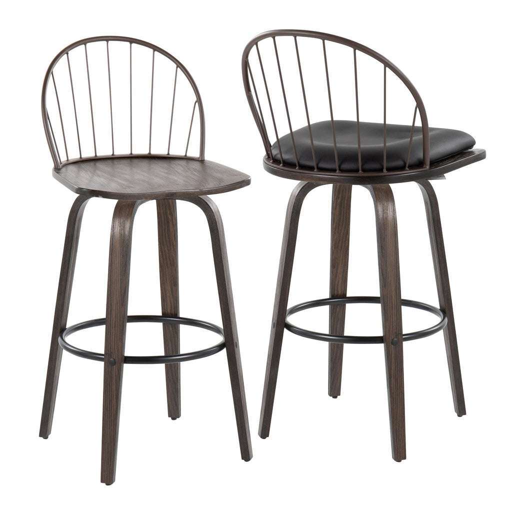 Riley 30" Fixed-Height Barstool - Set of 2 - Walnut Glazed Wood, Black Metal, Bronze Metal, Dark Walnut Wood, Brown PU