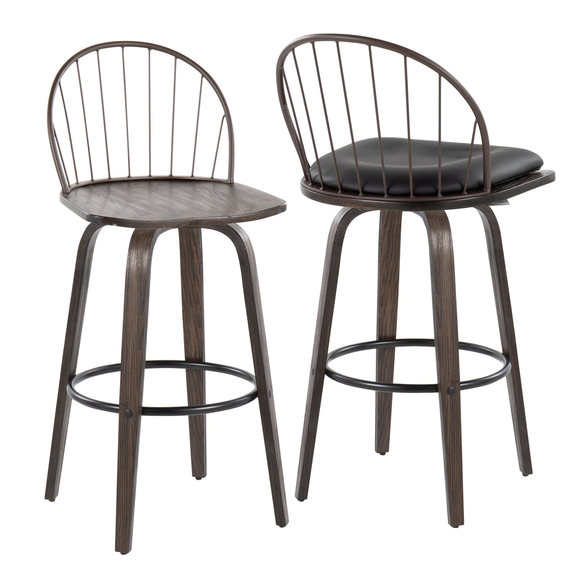 Riley 30" Fixed-Height Barstool - Set of 2 - Walnut Glazed Wood, Black Metal, Bronze Metal, Dark Walnut Wood, Brown PU