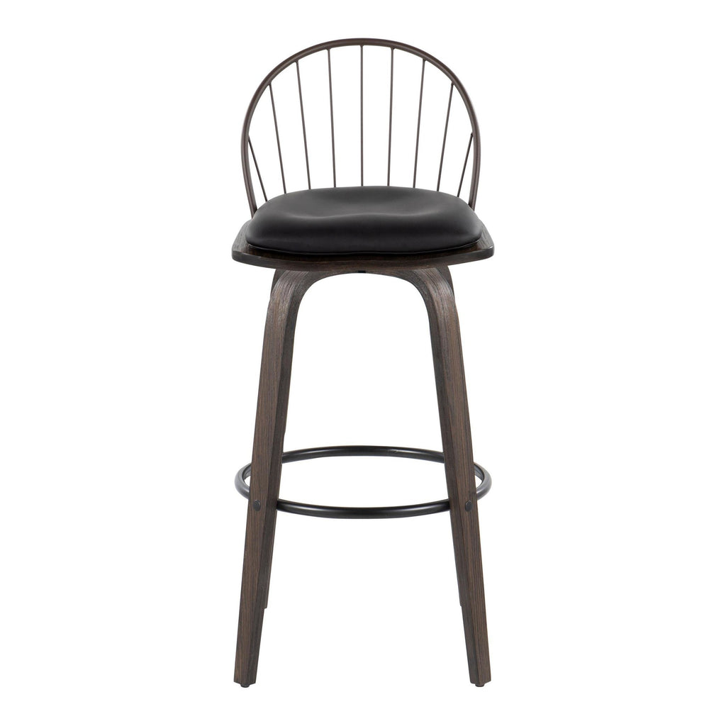 Riley 30" Fixed-Height Barstool - Set of 2 - Walnut Glazed Wood, Black Metal, Bronze Metal, Dark Walnut Wood, Brown PU
