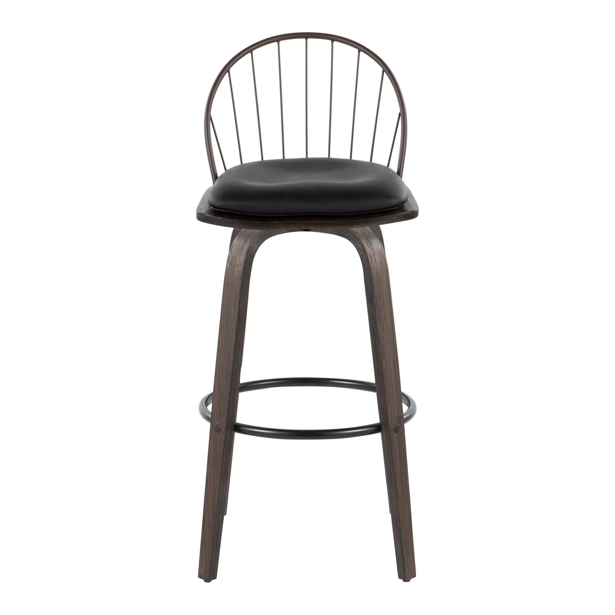 Riley 30" Fixed-Height Barstool - Set of 2 - Walnut Glazed Wood, Black Metal, Bronze Metal, Dark Walnut Wood, Brown PU