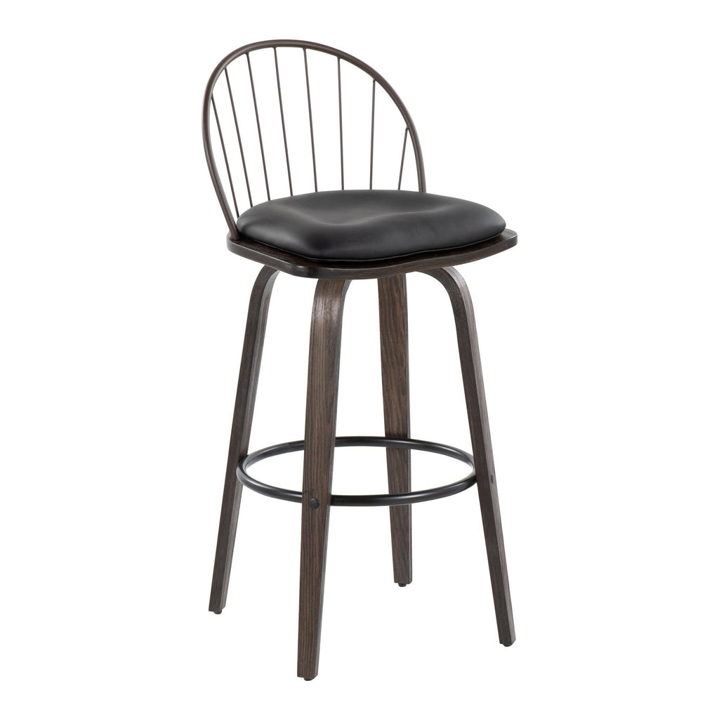 Riley 30" Fixed-Height Barstool - Set of 2 - Walnut Glazed Wood, Black Metal, Bronze Metal, Dark Walnut Wood, Brown PU