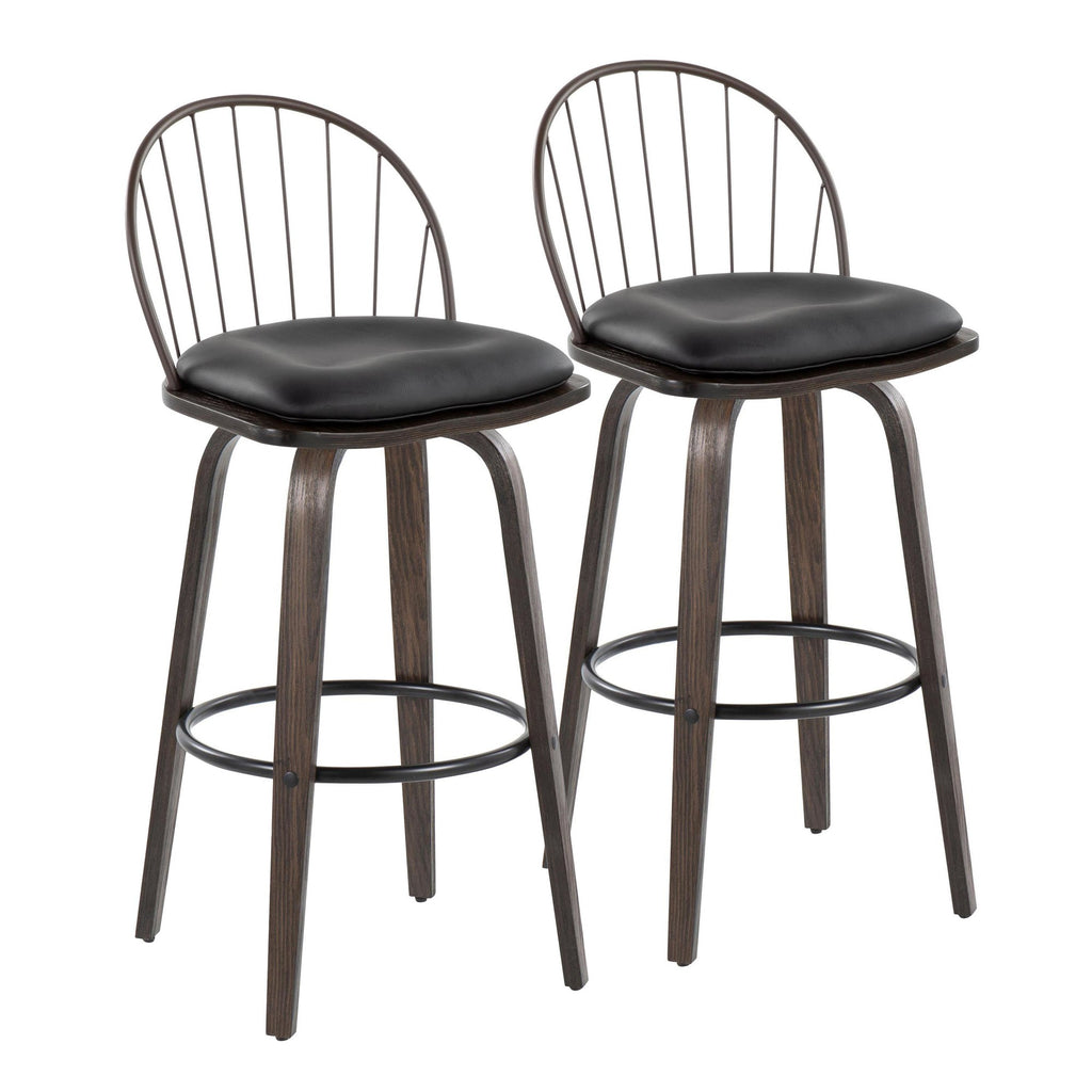 Riley 30" Fixed-Height Barstool - Set of 2 - Walnut Glazed Wood, Black Metal, Bronze Metal, Dark Walnut Wood, Brown PU