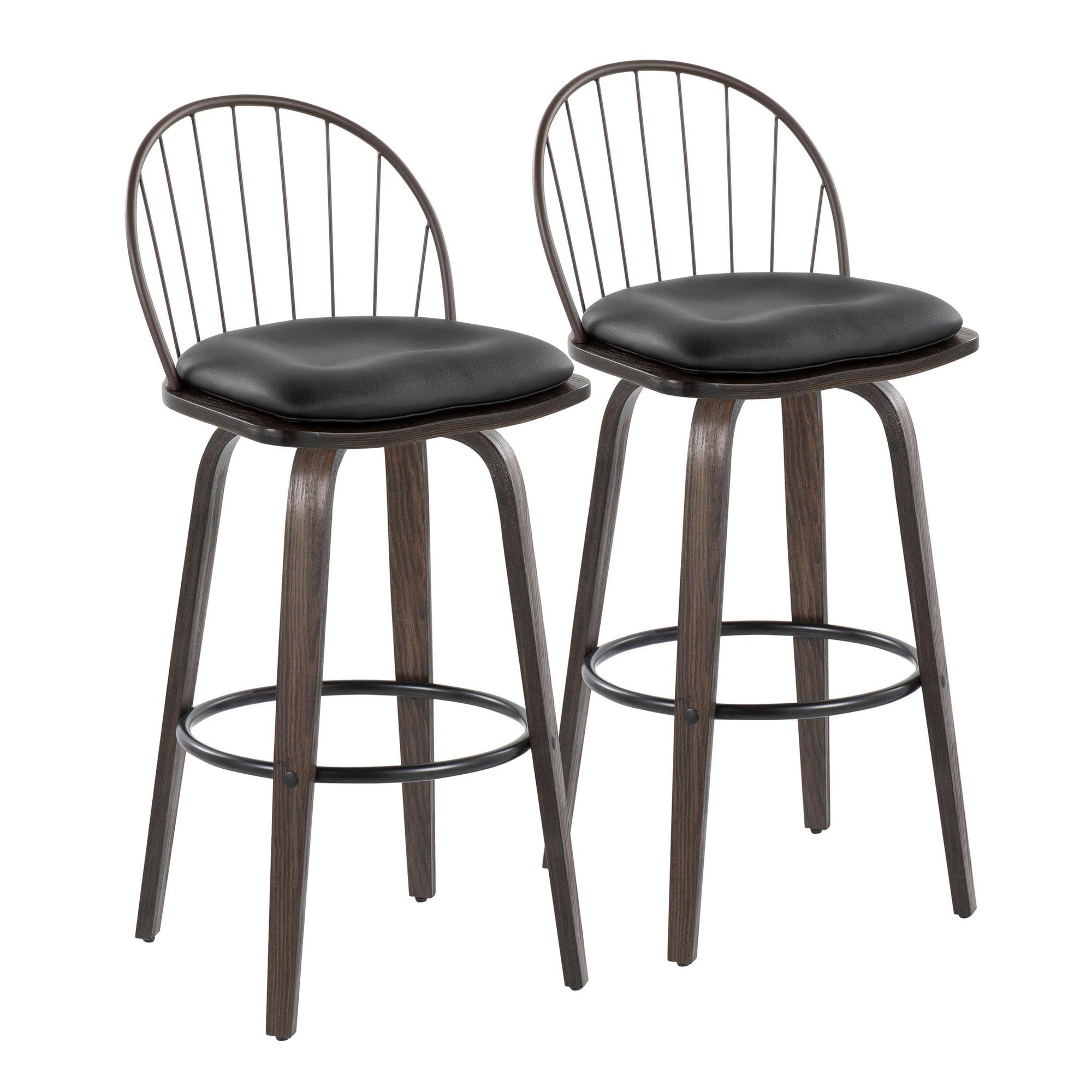 Riley 30" Fixed-Height Barstool - Set of 2 - Walnut Glazed Wood, Black Metal, Bronze Metal, Dark Walnut Wood, Brown PU