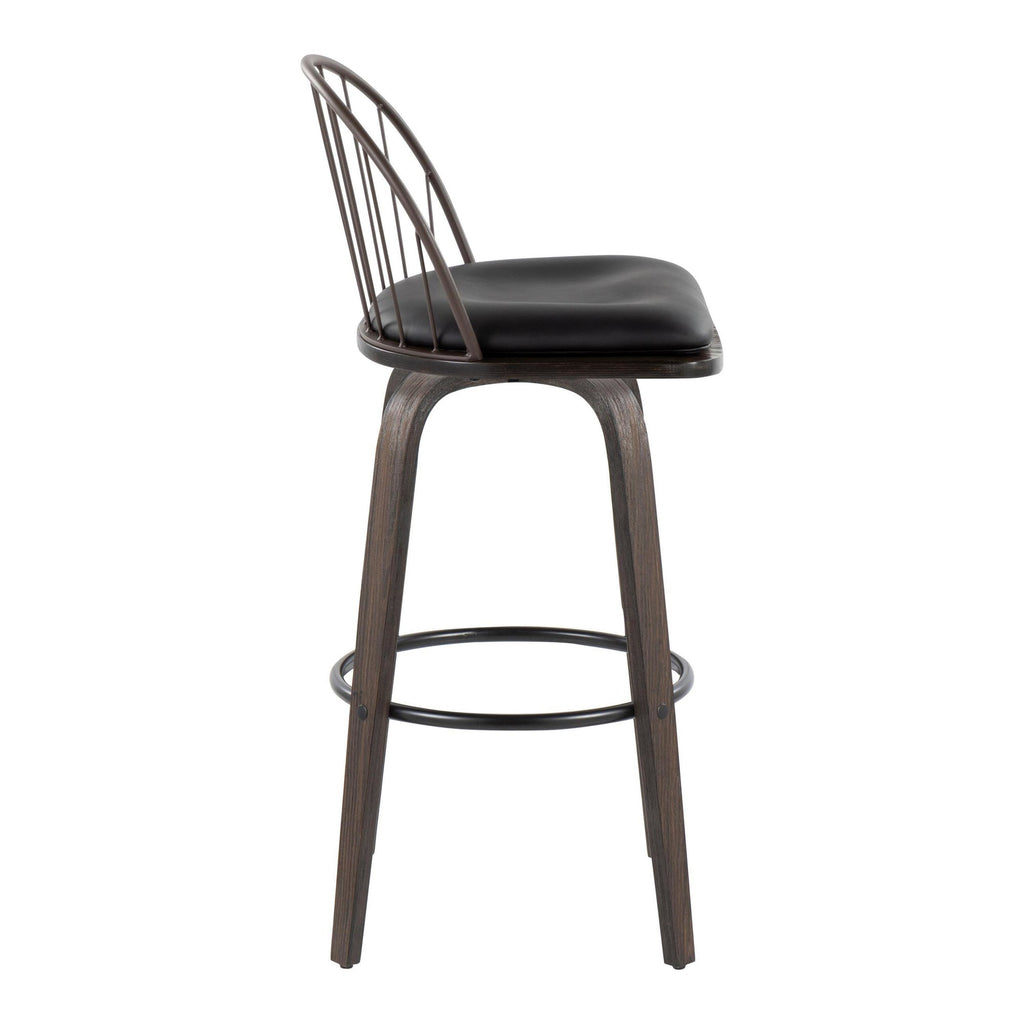 Riley 30" Fixed-Height Barstool - Set of 2 - Walnut Glazed Wood, Black Metal, Bronze Metal, Dark Walnut Wood, Brown PU