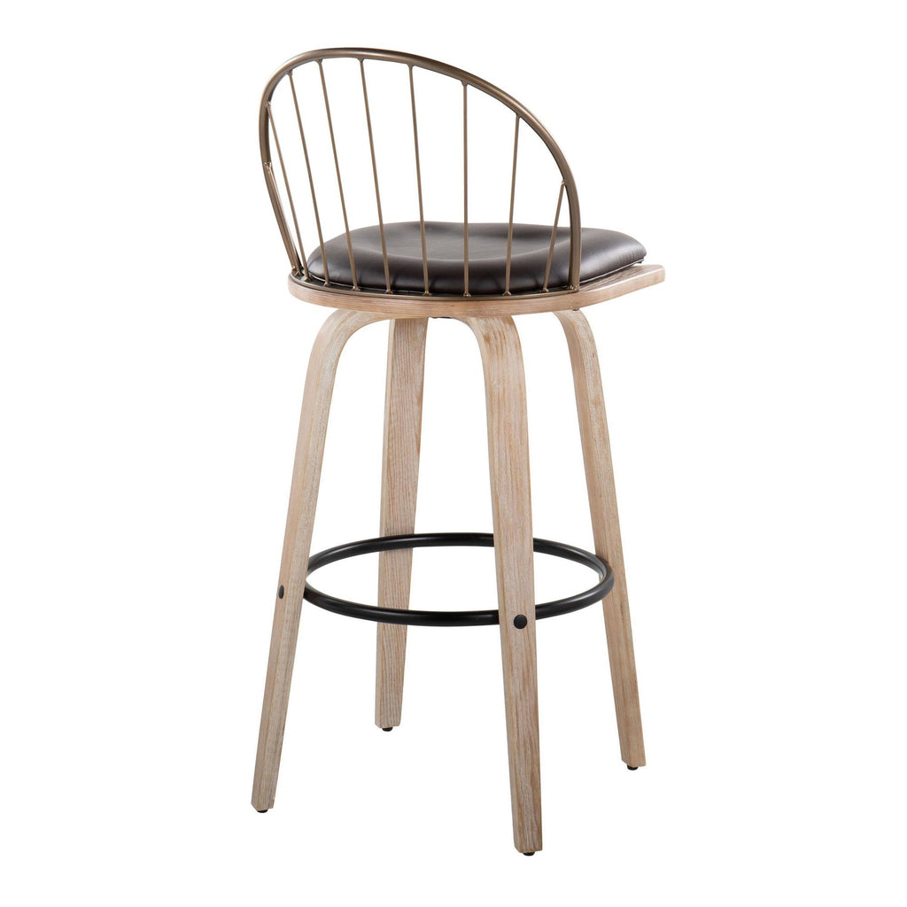 Riley 30" Fixed-Height Barstool - Set of 2 - Whitewashed Wood, Black Metal, Antique Copper Metal, Brown PU