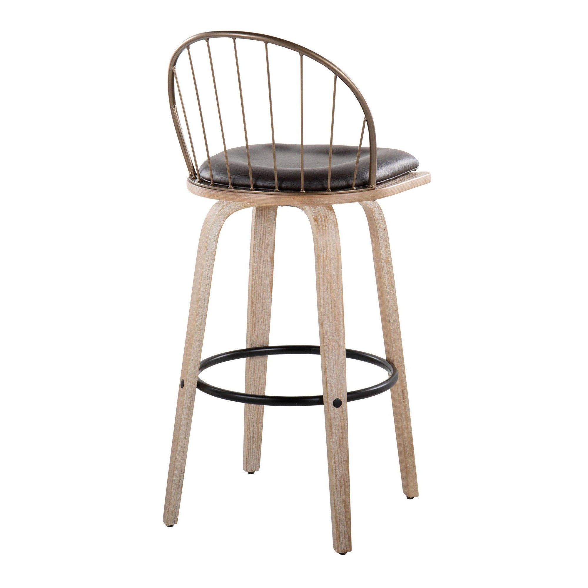 Riley 30" Fixed-Height Barstool - Set of 2 - Whitewashed Wood, Black Metal, Antique Copper Metal, Brown PU