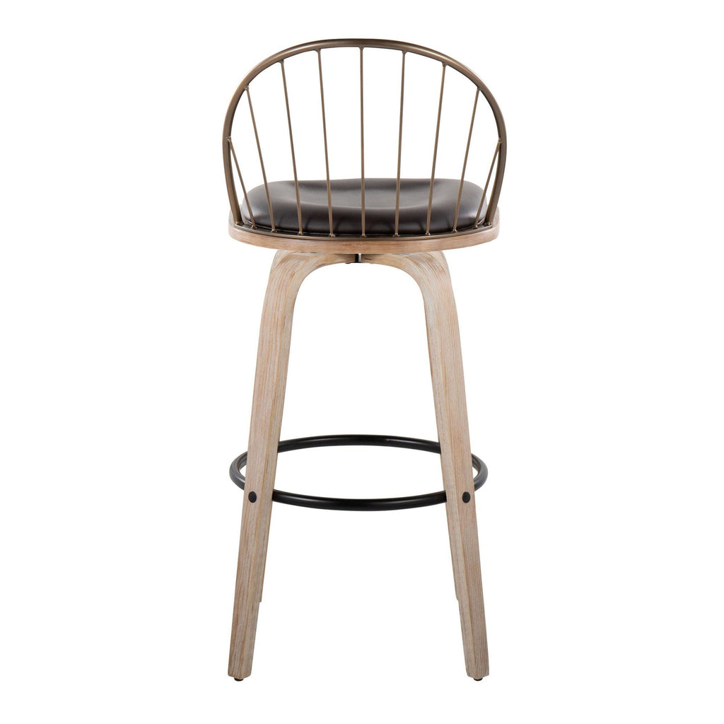 Riley 30" Fixed-Height Barstool - Set of 2 - Whitewashed Wood, Black Metal, Antique Copper Metal, Brown PU