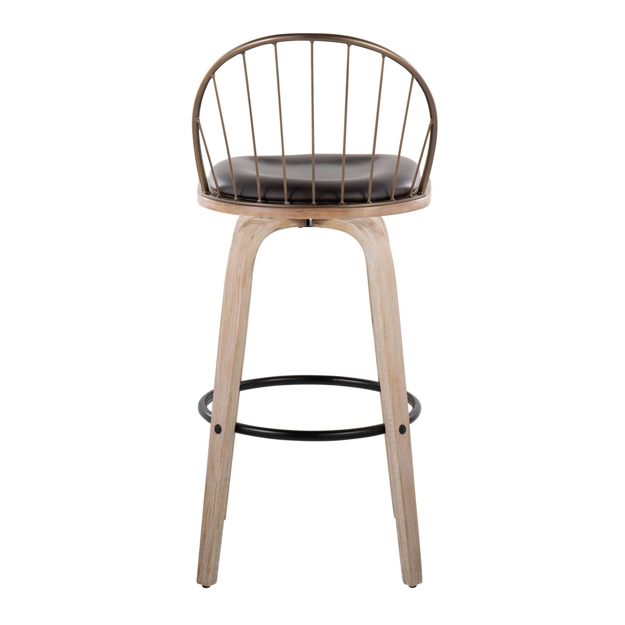 Riley 30" Fixed-Height Barstool - Set of 2 - Whitewashed Wood, Black Metal, Antique Copper Metal, Brown PU