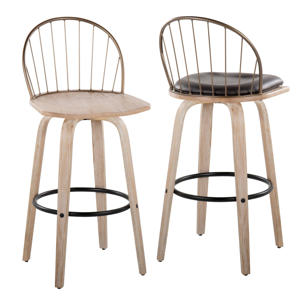 Riley 30" Fixed-Height Barstool - Set of 2 - Whitewashed Wood, Black Metal, Antique Copper Metal, Brown PU