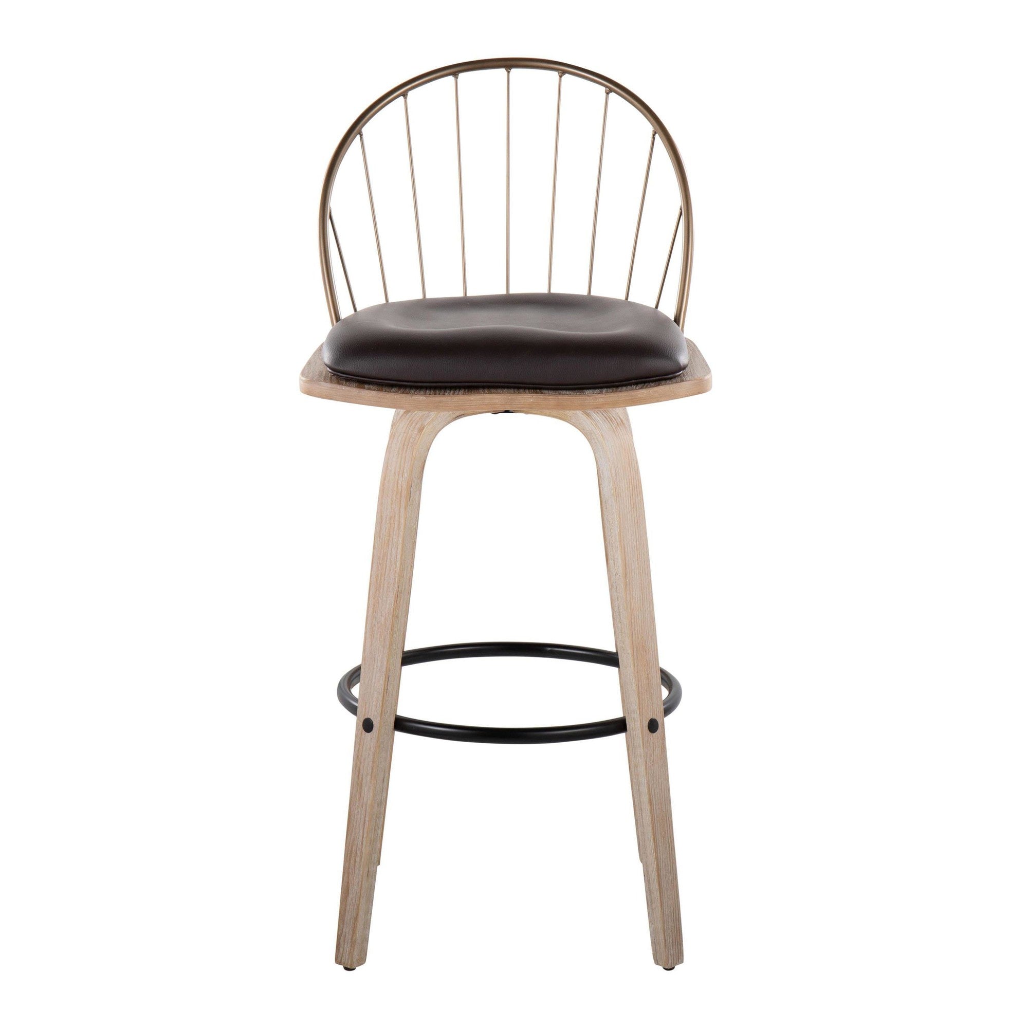 Riley 30" Fixed-Height Barstool - Set of 2 - Whitewashed Wood, Black Metal, Antique Copper Metal, Brown PU
