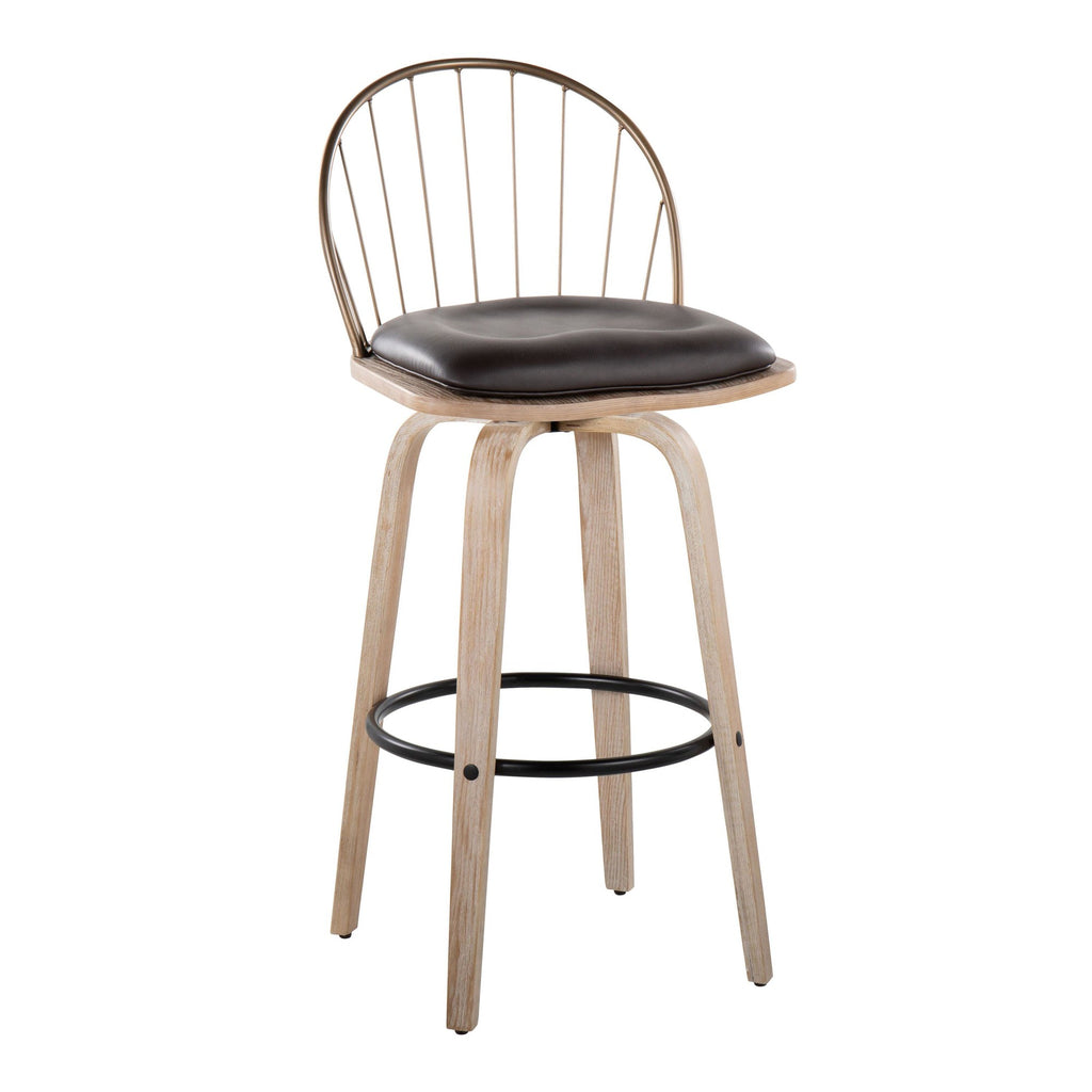 Riley 30" Fixed-Height Barstool - Set of 2 - Whitewashed Wood, Black Metal, Antique Copper Metal, Brown PU