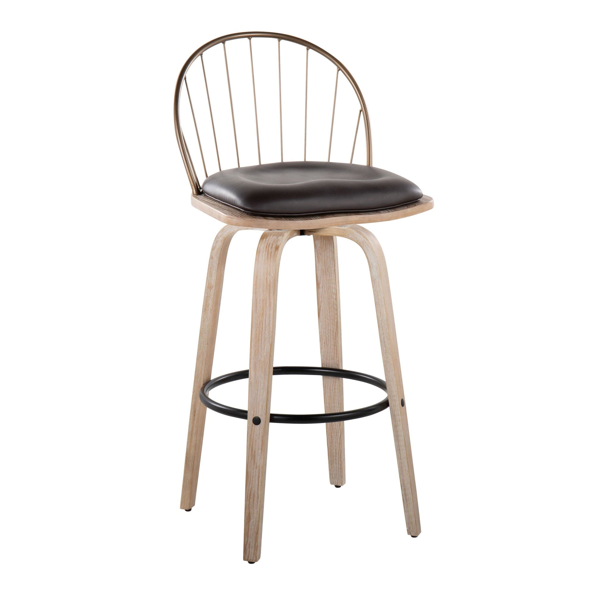 Riley 30" Fixed-Height Barstool - Set of 2 - Whitewashed Wood, Black Metal, Antique Copper Metal, Brown PU