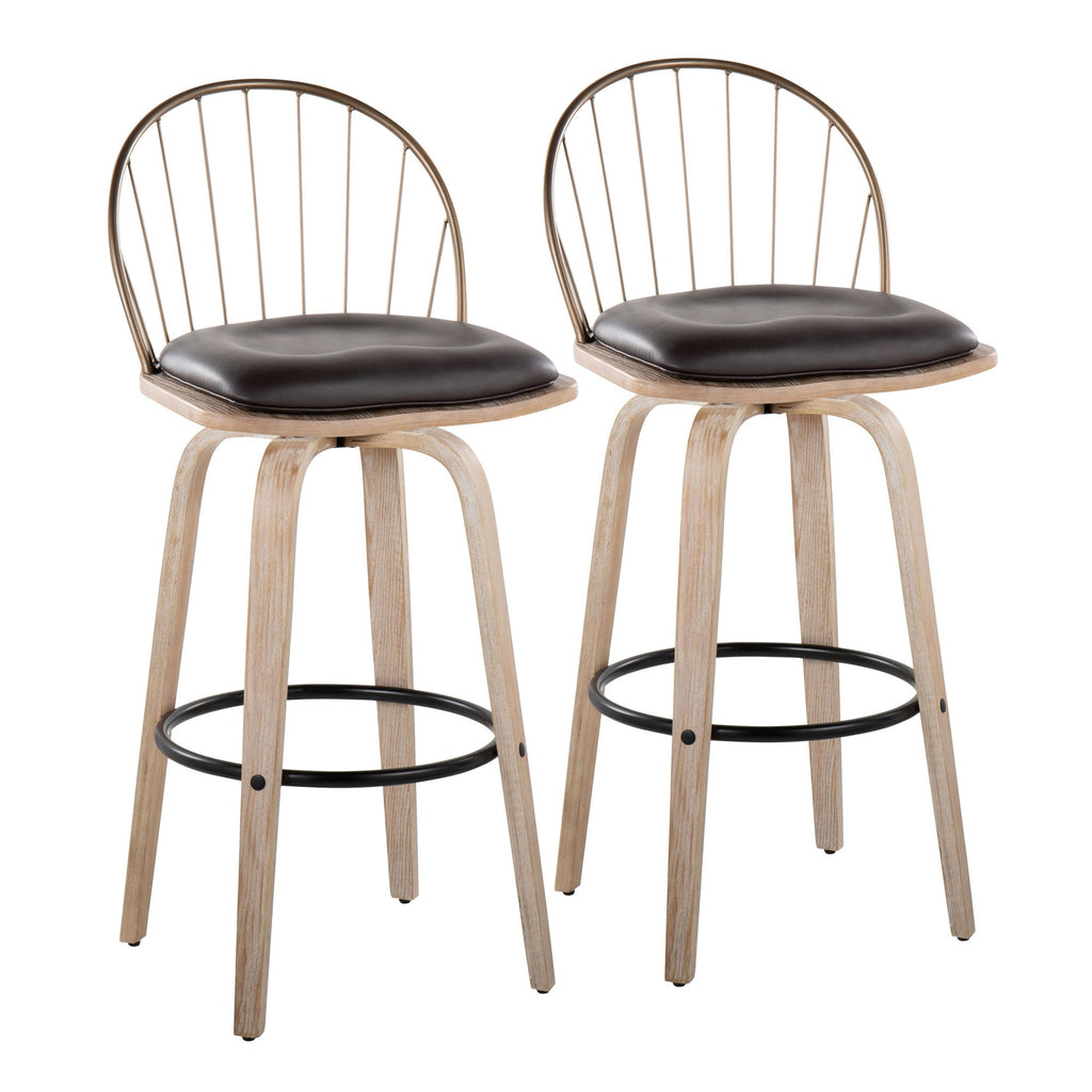Riley 30" Fixed-Height Barstool - Set of 2 - Whitewashed Wood, Black Metal, Antique Copper Metal, Brown PU
