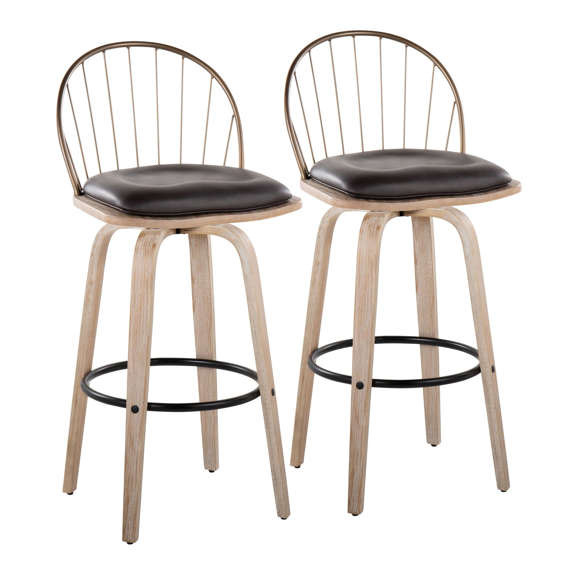 Riley 30" Fixed-Height Barstool - Set of 2 - Whitewashed Wood, Black Metal, Antique Copper Metal, Brown PU